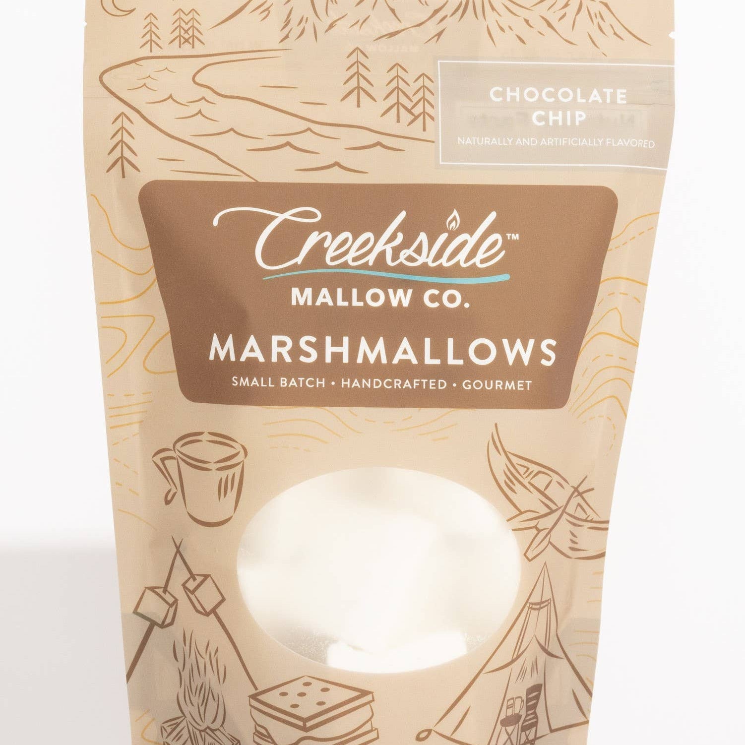 Packaging of Creekside Mallow Co. marshmallows with illustrations and text on a beige background