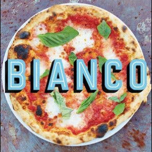 Book cover of 'BIANCO' featuring a pizza with basil leaves on a textured background