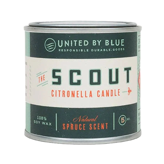 Candle container with 'United by Blue' branding on a white background