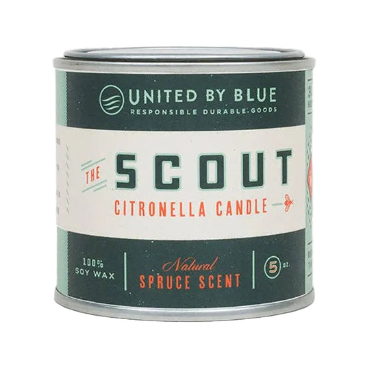 Candle container with 'United by Blue' branding on a white background