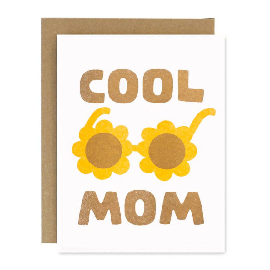 Card with 'Cool Mom' text and sunflower sunglasses illustration on a white background
