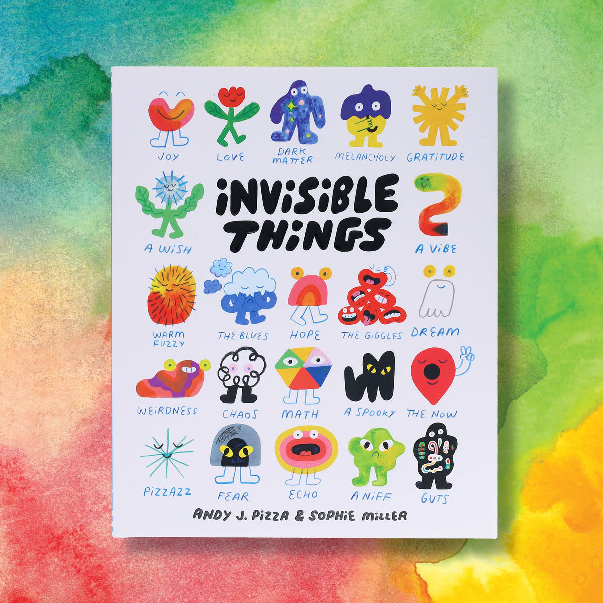 Book cover of 'Invisible Things' with colorful illustrations on a multicolored background