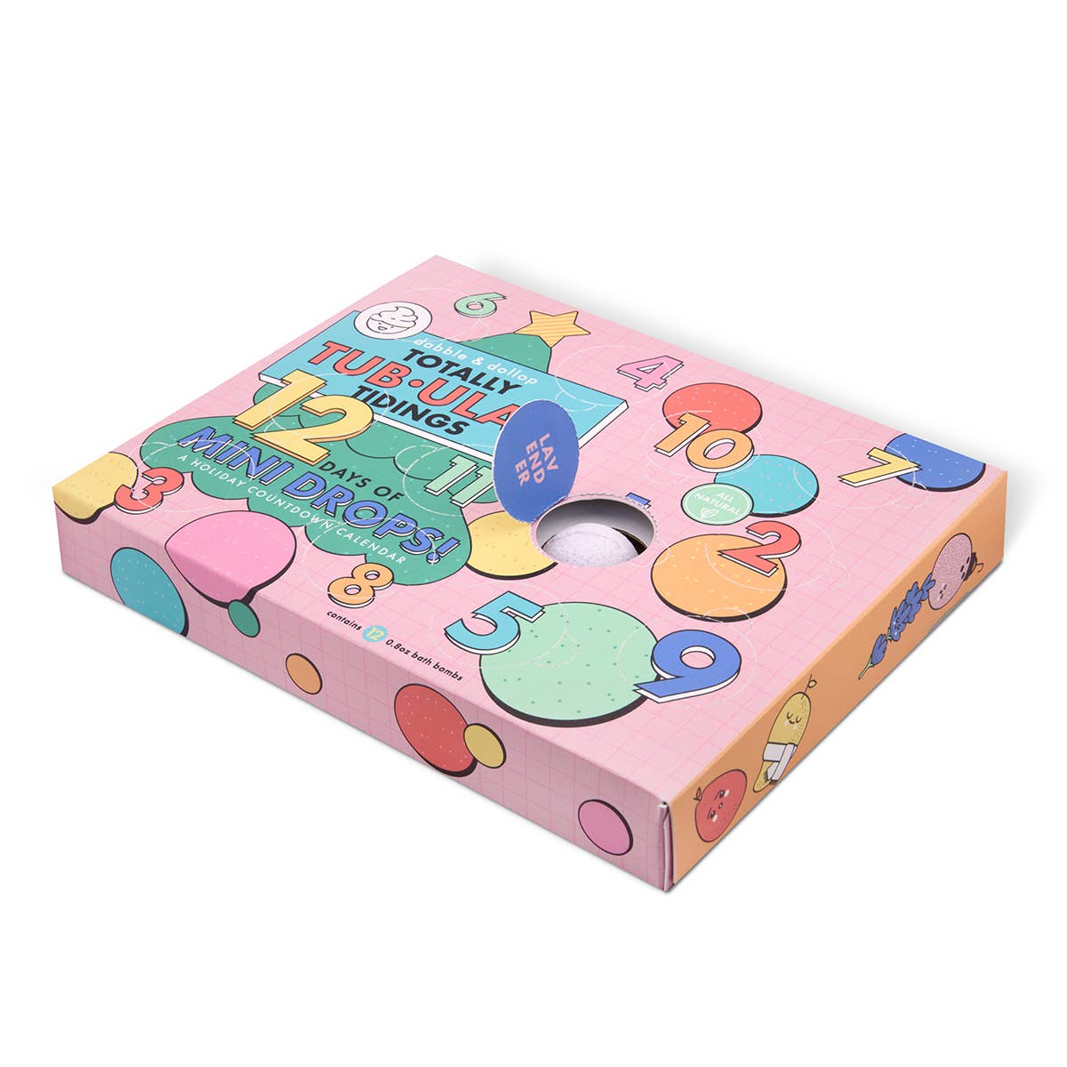 Pink box with colorful numbers and letters on a white background