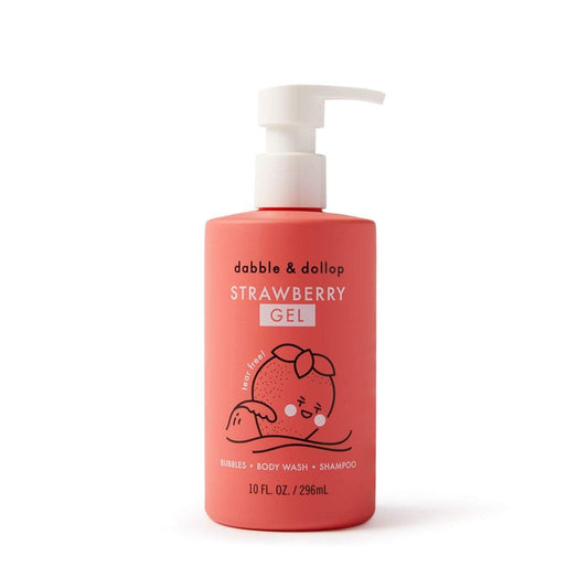 Pink bottle of strawberry gel with a pump on a white background