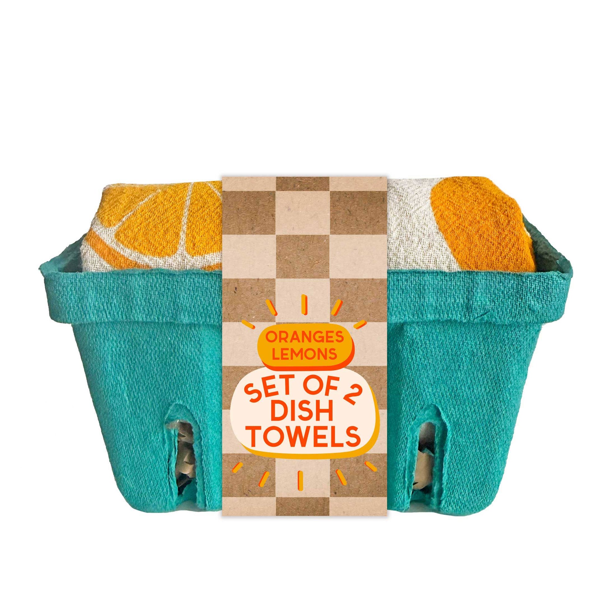 Set of dish towels with checkered design and orange-themed packaging on a white background
