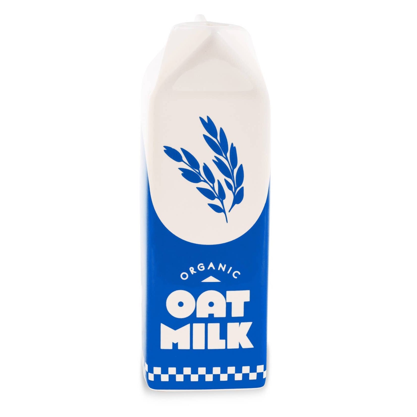 Carton of organic oat milk with blue and white design on a white background