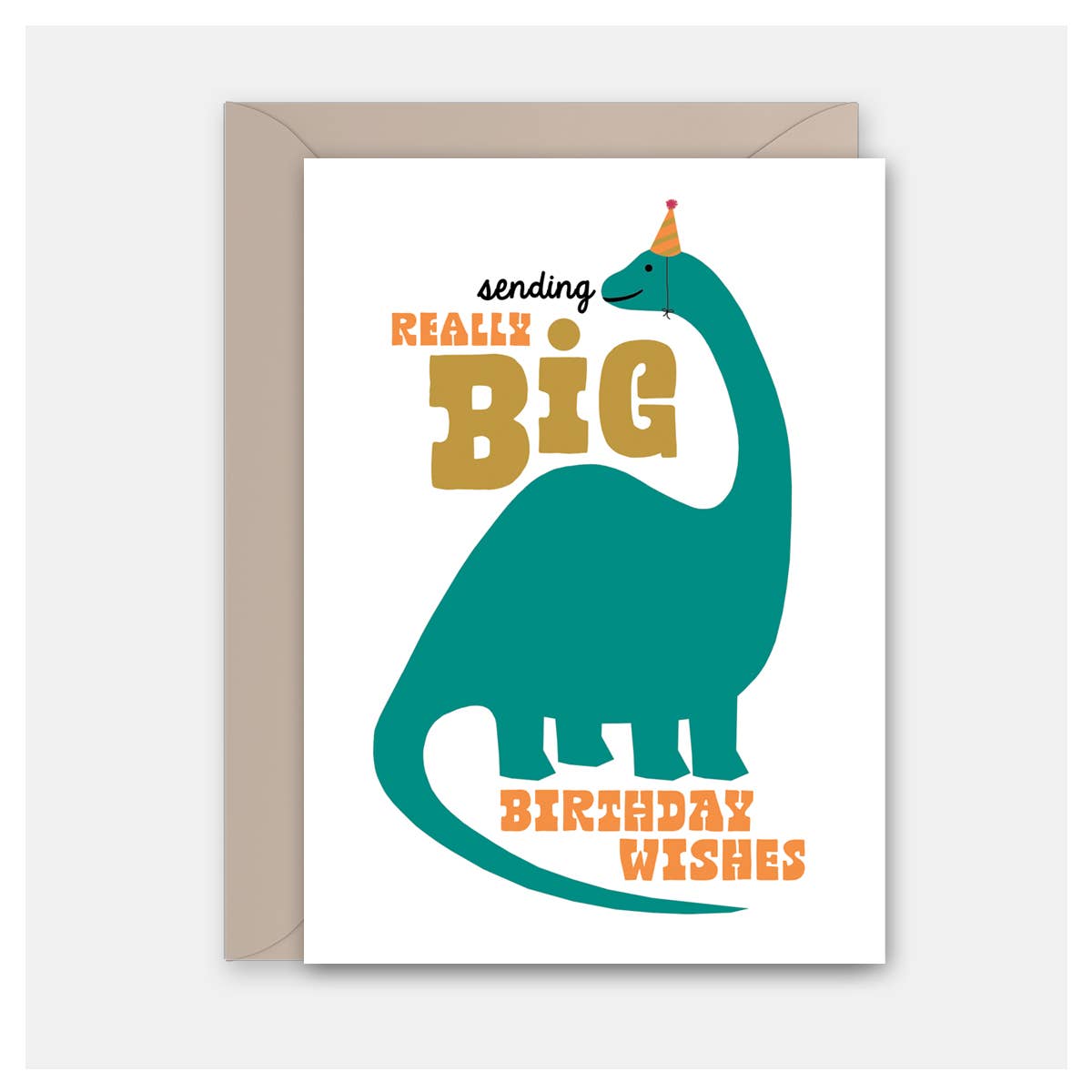 Greeting card with a dinosaur illustration and birthday message on a white background