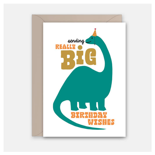Greeting card with a dinosaur illustration and birthday message on a white background
