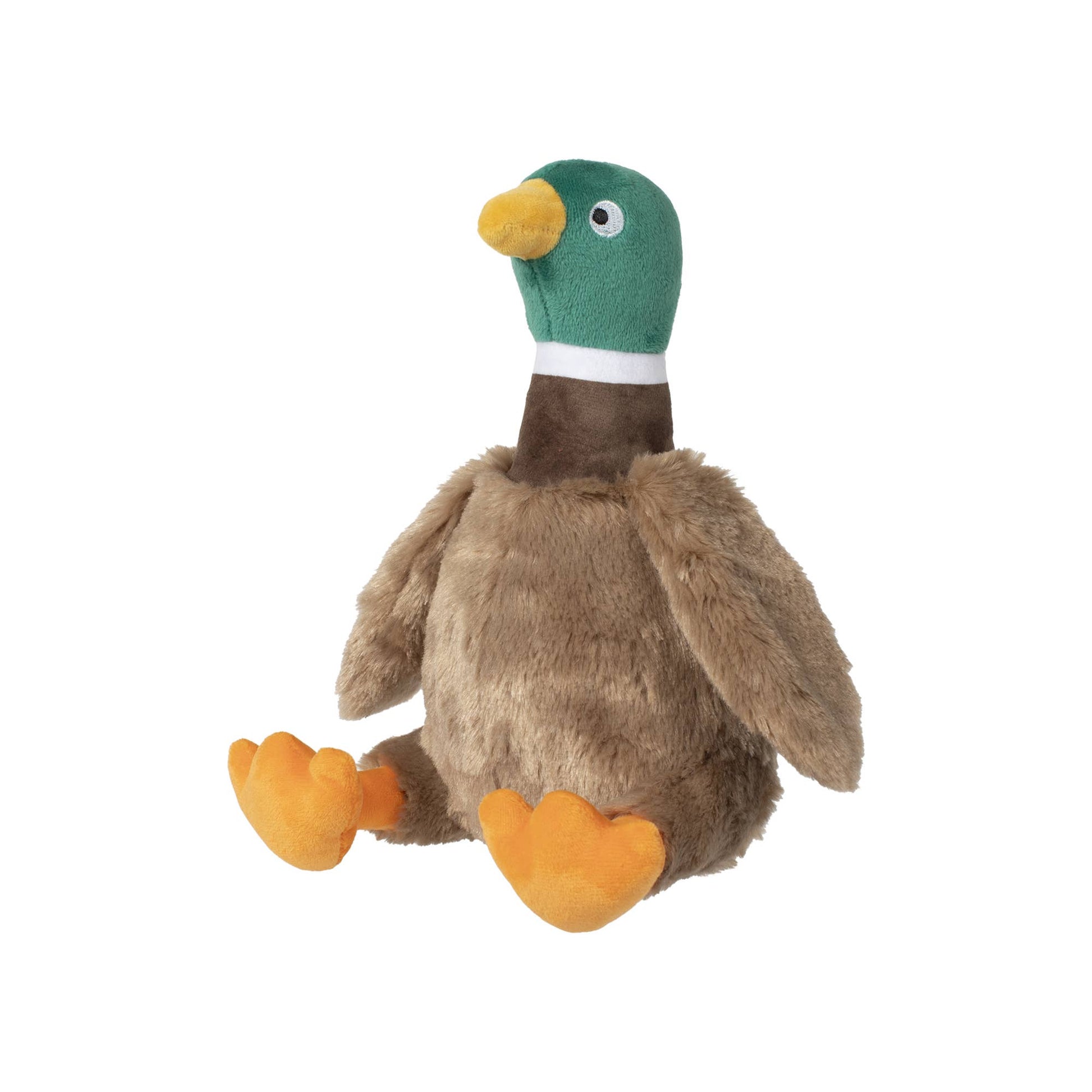 Plush duck toy with green head and brown body on a white background