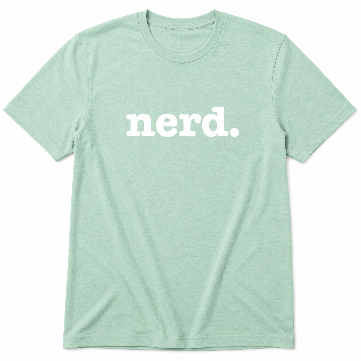 Mint green t-shirt with 'nerd.' text on a white background