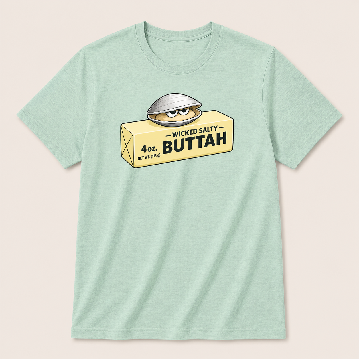 Light green t-shirt with a graphic of a bar of soap labeled 'Wicked Salty 4oz Buttah' on a beige background
