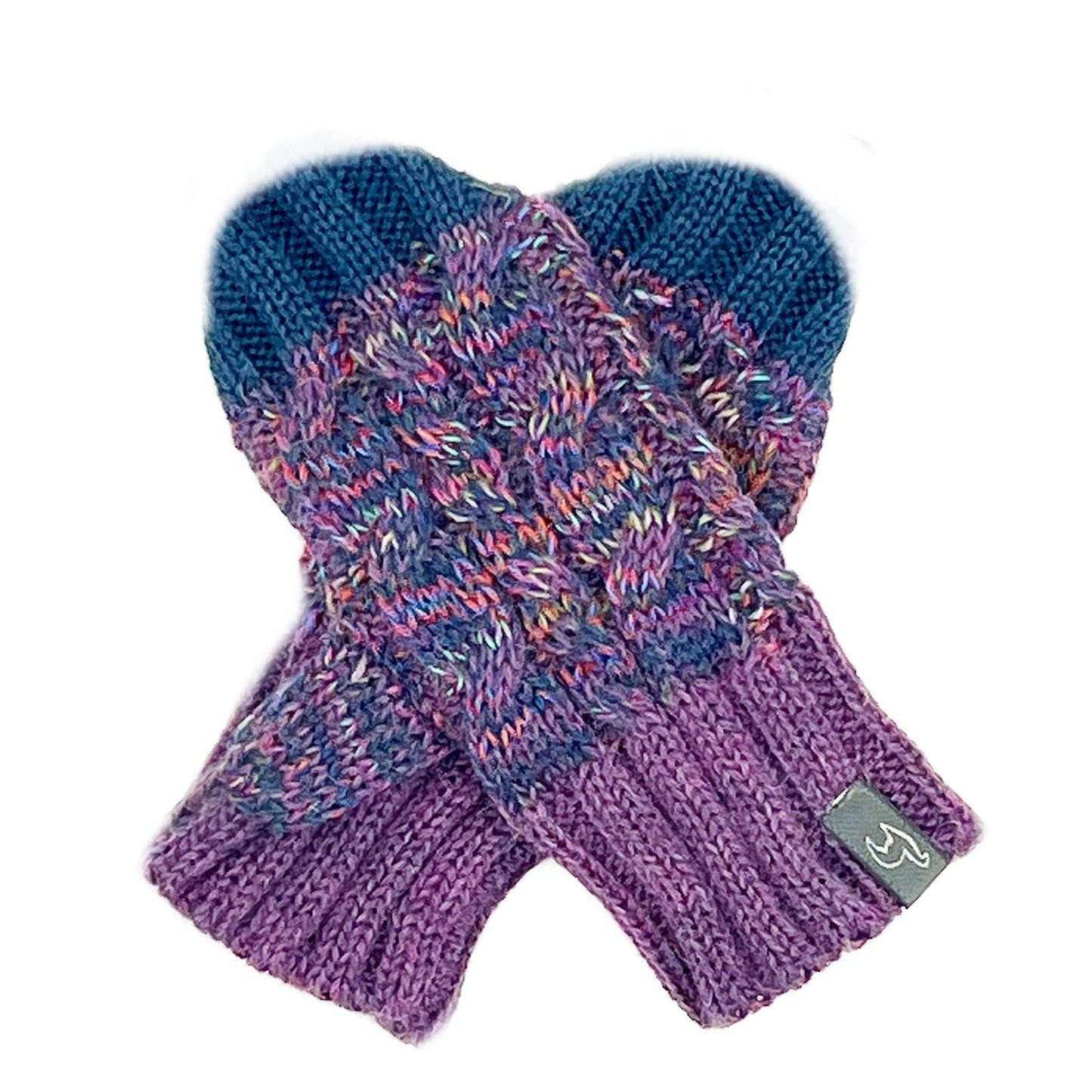 Pair of purple and blue knitted mittens on a white background