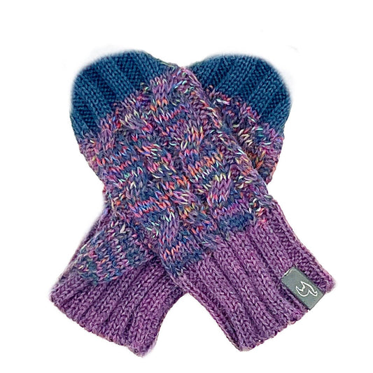 Pair of purple and blue knitted mittens on a white background