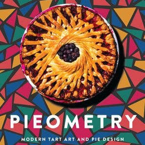 Book cover of 'Pieometry' with a pie and colorful geometric pattern