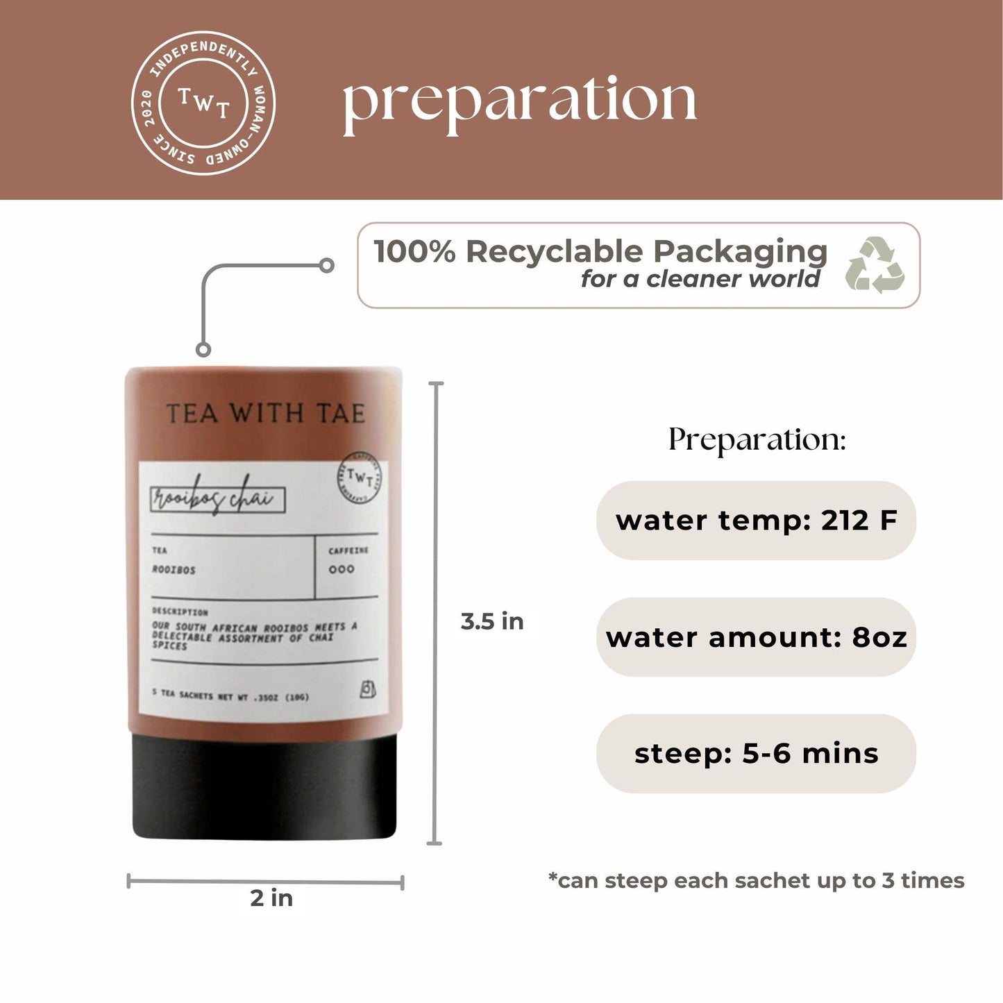 Tea packaging with preparation instructions and 100% recyclable packaging label.