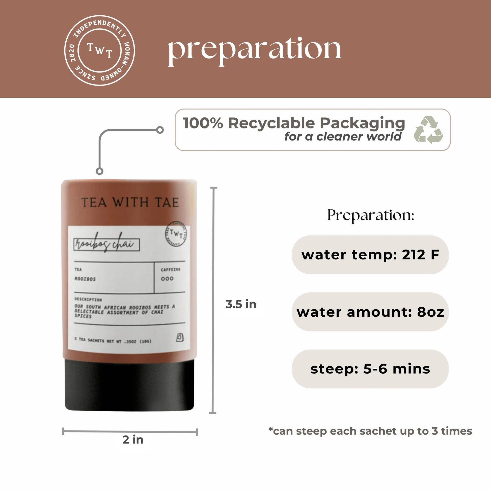 Tea packaging with preparation instructions and 100% recyclable packaging label.