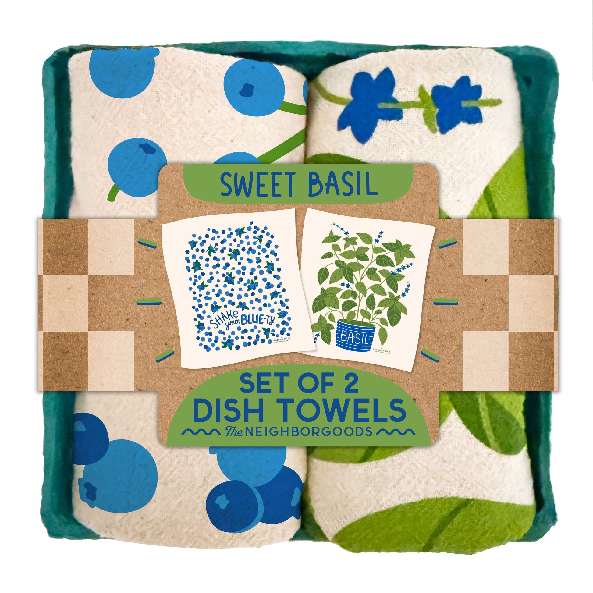 Set of 2 dish towels with blueberry and basil designs, branded 'Neighborgoods'.