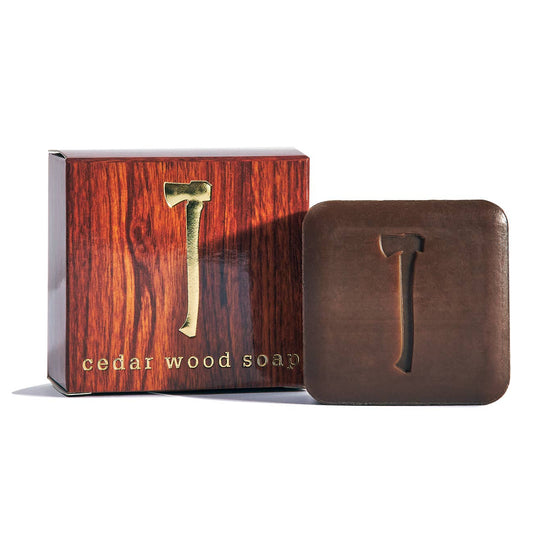 Cedar wood soap in a wooden box with a gold letter 'J' on a white background