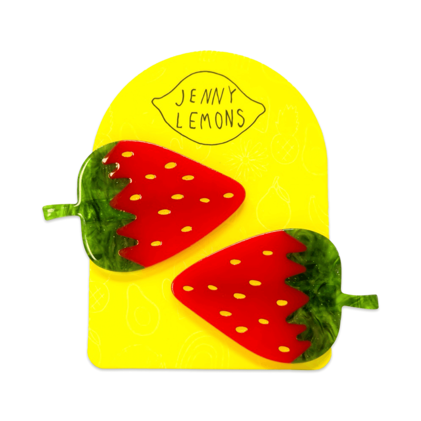Yellow card with strawberry designs and 'Jenny Lemons' branding on a white background