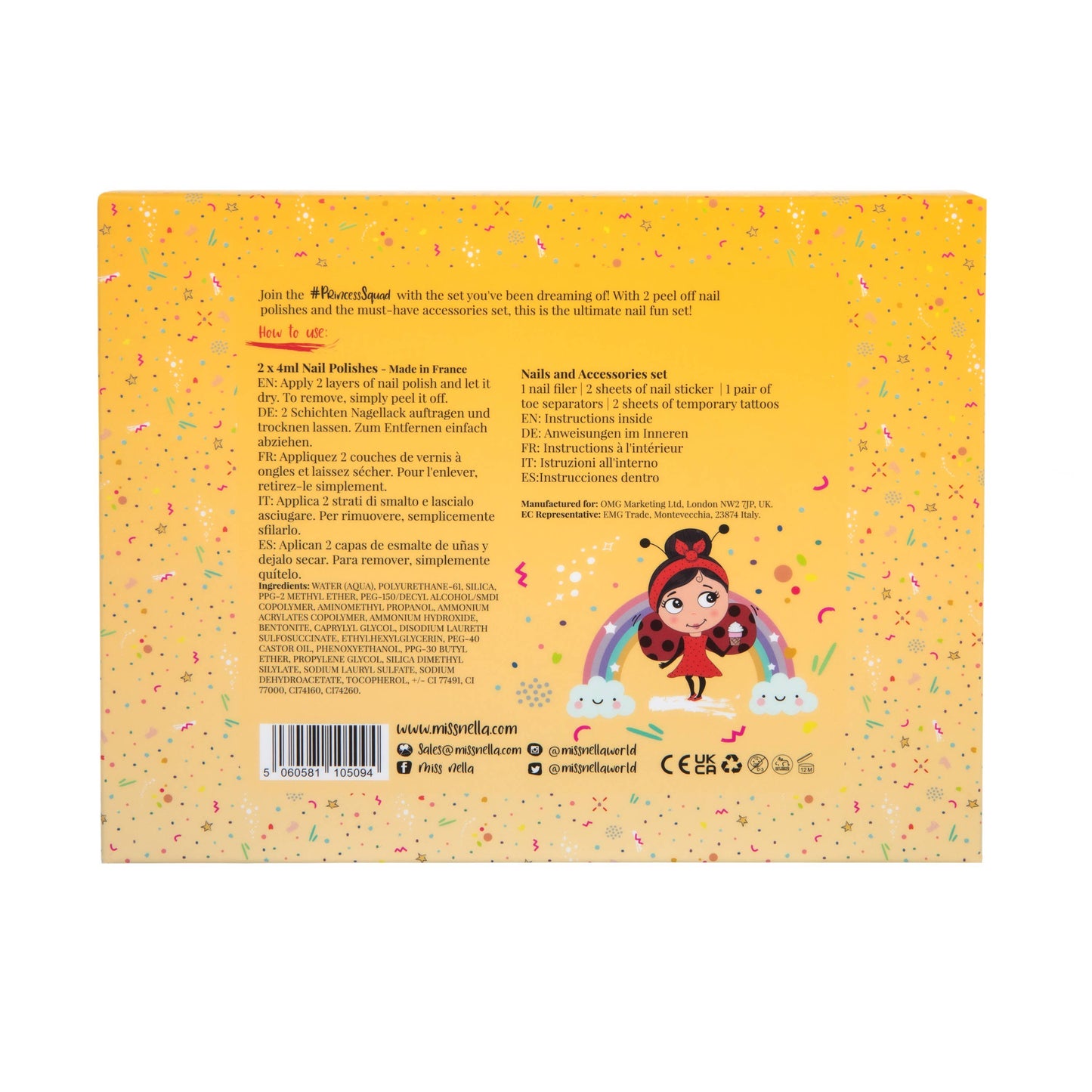 Back of a product packaging with text and a cartoon character on a yellow background