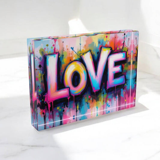 Colorful 'LOVE' design on a laptop in a minimal white room