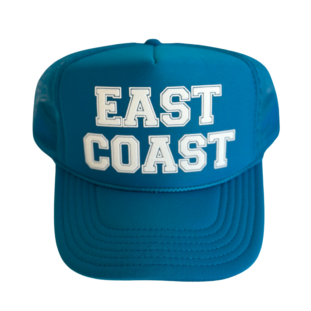 Blue cap with 'EAST COAST' text on a white background