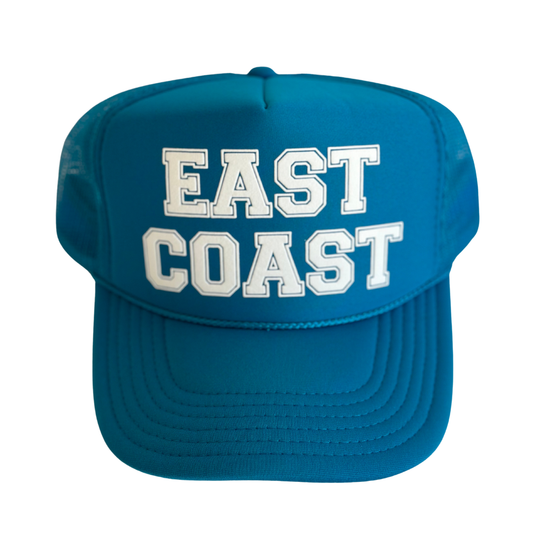 Blue cap with 'EAST COAST' text on a white background