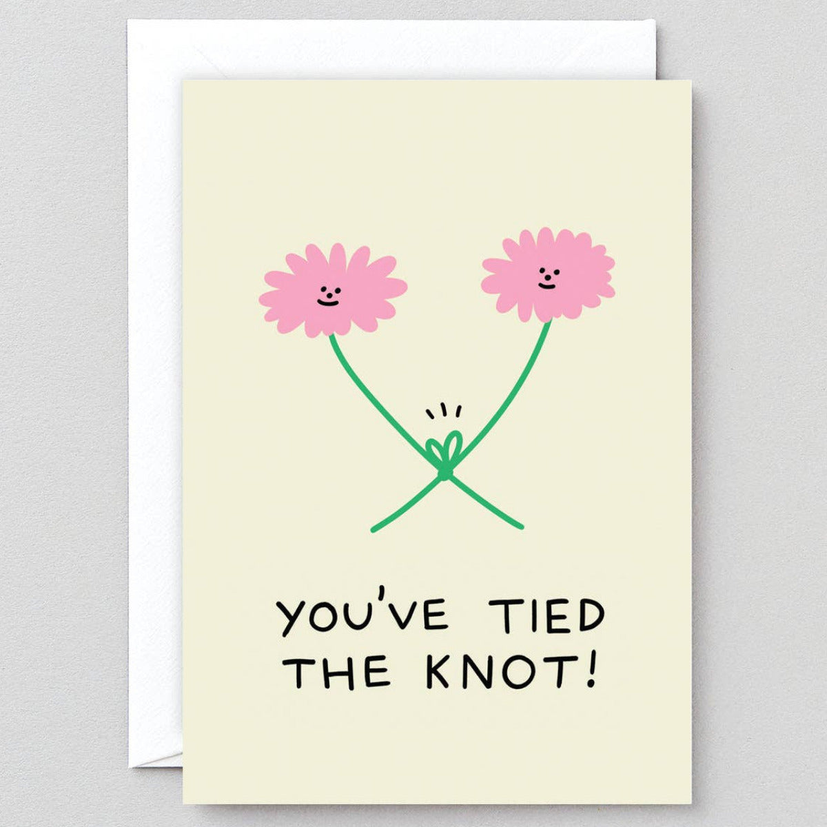 Greeting card with two pink flowers and text 'You've tied the knot!' on a light yellow background.