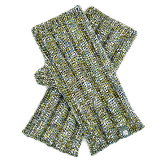 Pair of green and gray knitted fingerless gloves on a white background