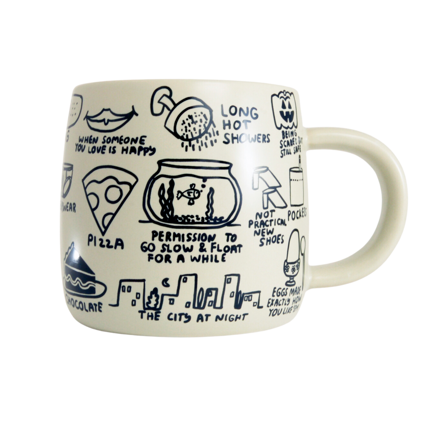 White mug with black illustrations and text on a white background