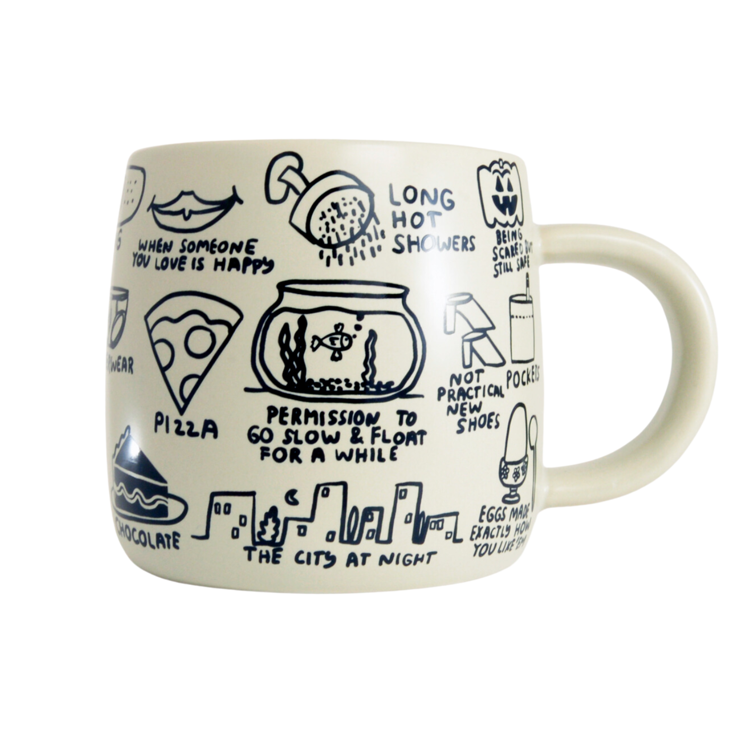 White mug with black illustrations and text on a white background
