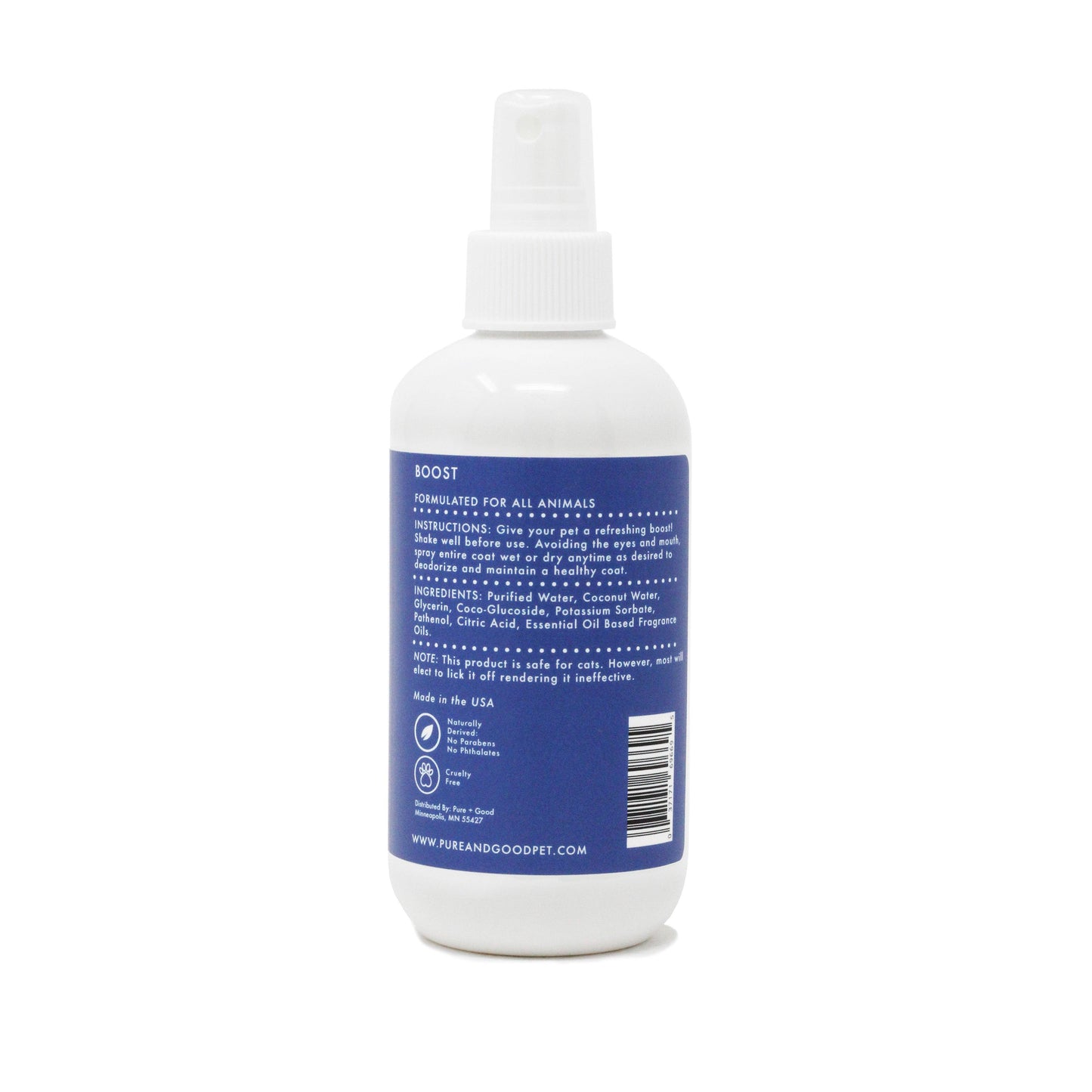 White bottle with blue label on a white background