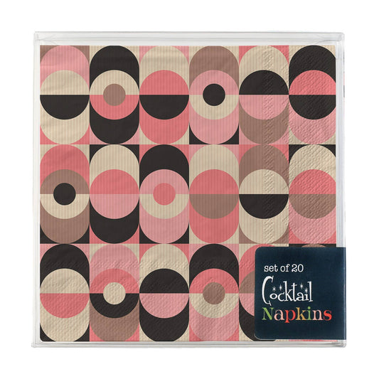 Set of 20 cocktail napkins with geometric circle pattern in pink, black, and beige packaging.