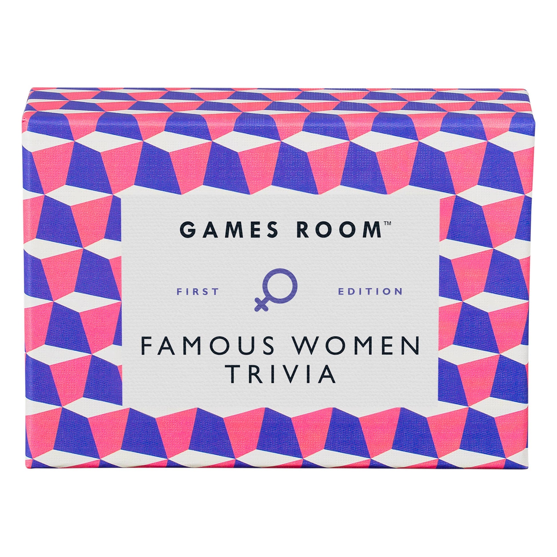 Geometric-patterned box of 'Famous Women Trivia' game by Games Room