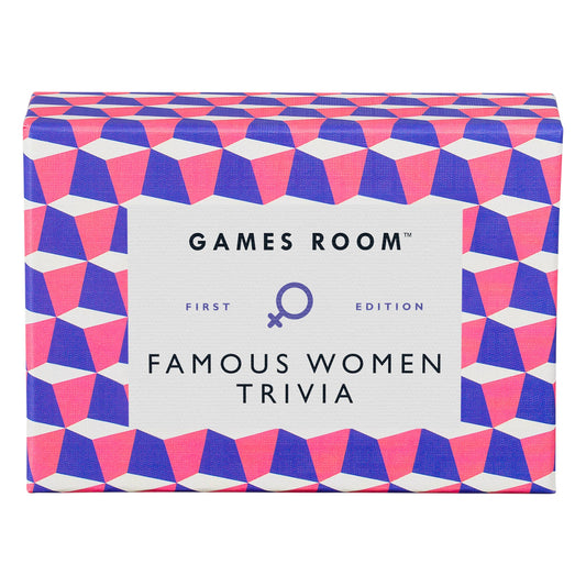 Geometric-patterned box of 'Famous Women Trivia' game by Games Room
