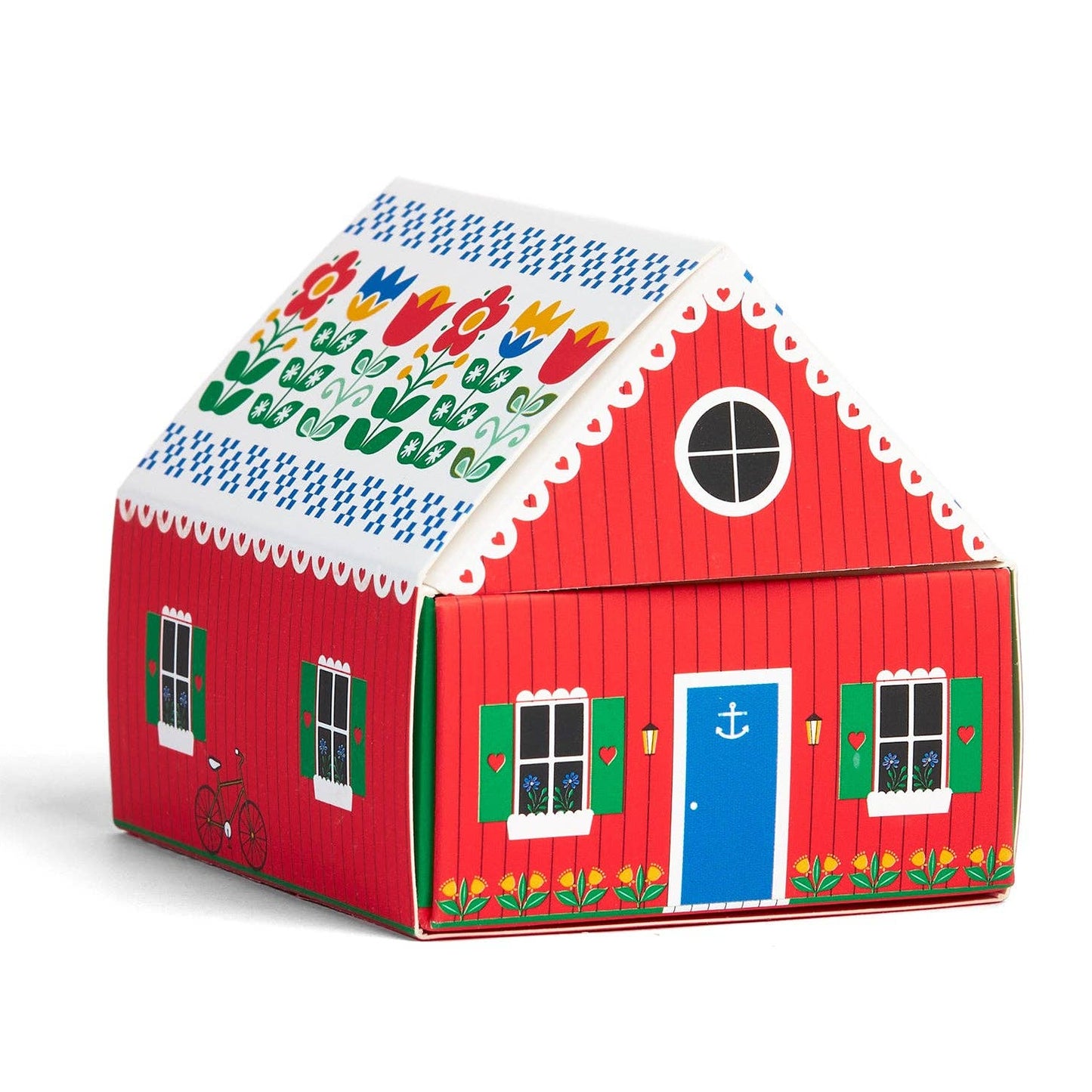 Red toy barn with colorful details on a white background