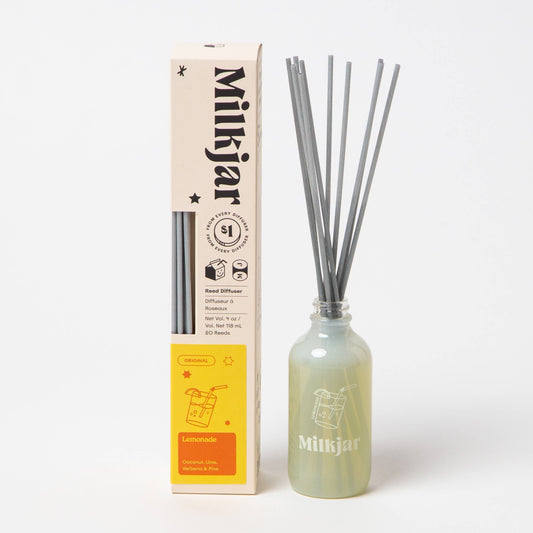Milkjar diffuser bottle with sticks and packaging on a white background