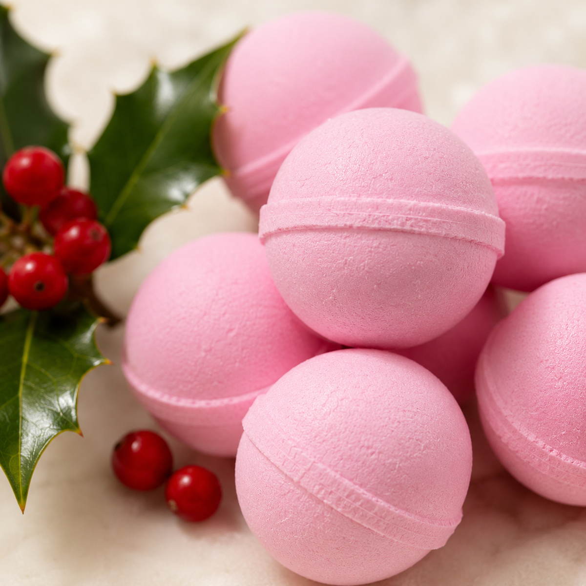 Several pink round bath bombs arranged on a light surface with holly leaves and red berries as decorative props.