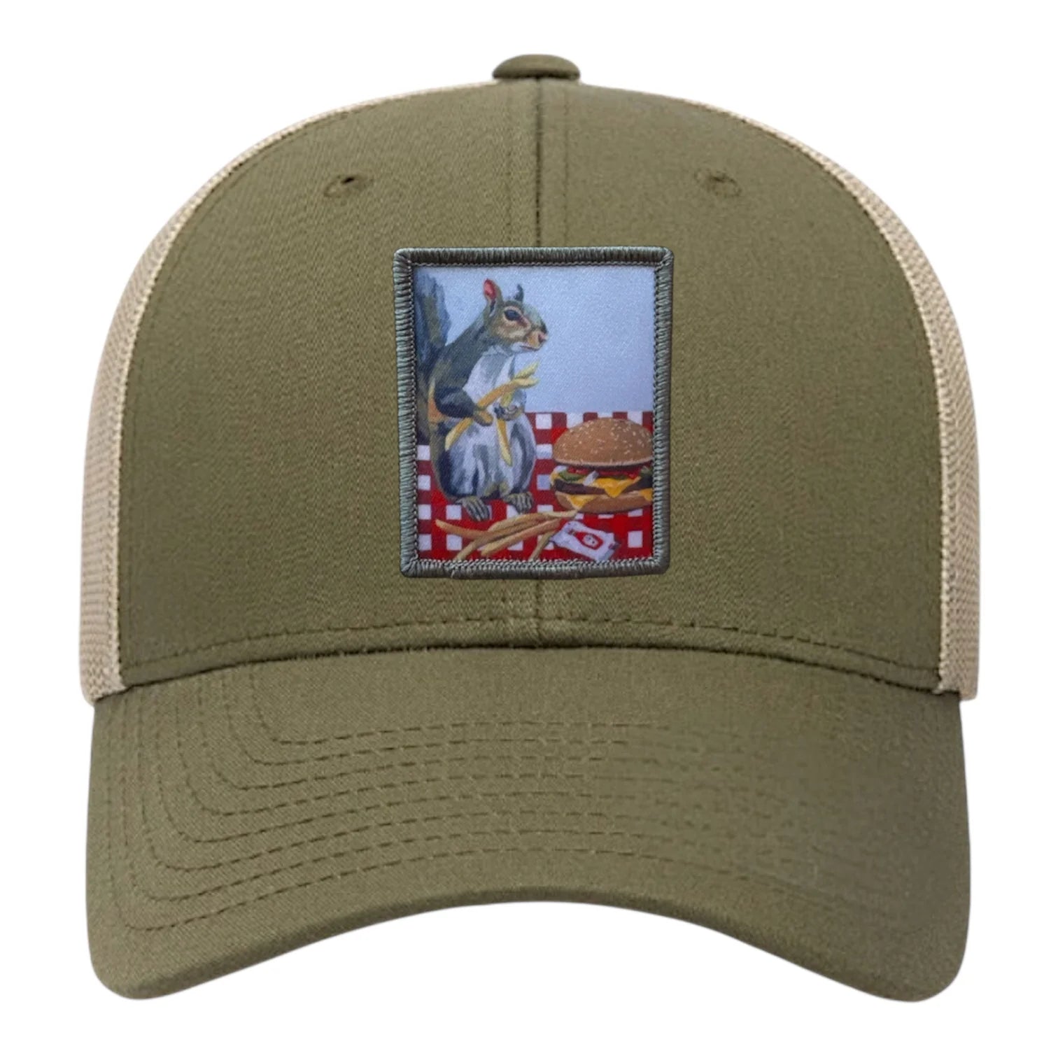 flyn_squirrel eating burger and fries trucker hat
