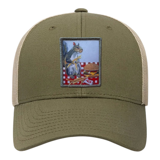 flyn_squirrel eating burger and fries trucker hat