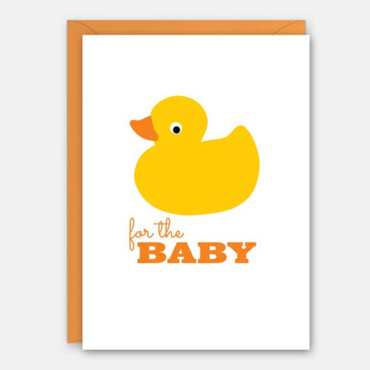 Yellow rubber duck illustration with 'for the BABY' text on a white background