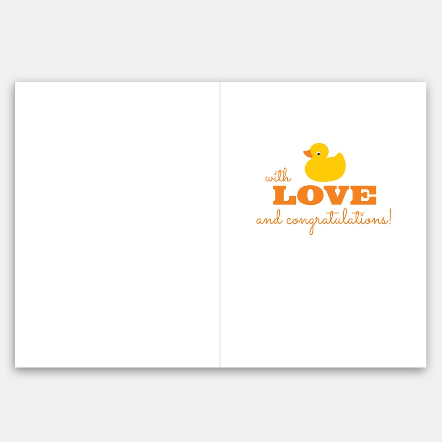 Greeting card with a yellow duck and text 'with love and congratulations' on a white background