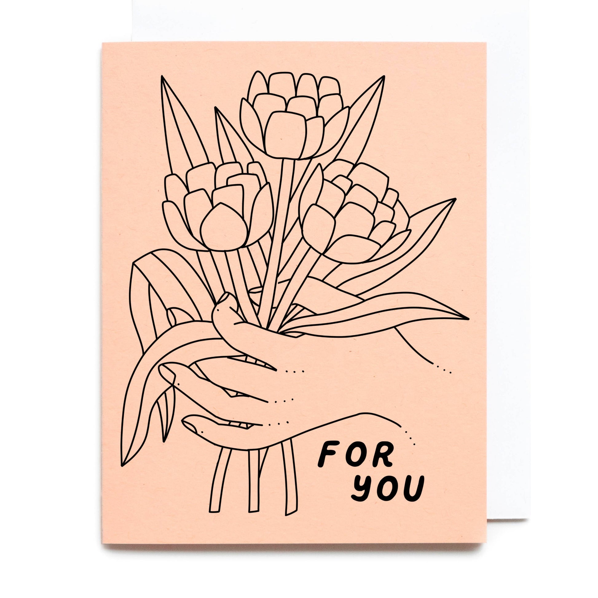 Greeting card with black line art of tulips and 'FOR YOU' text on a peach background