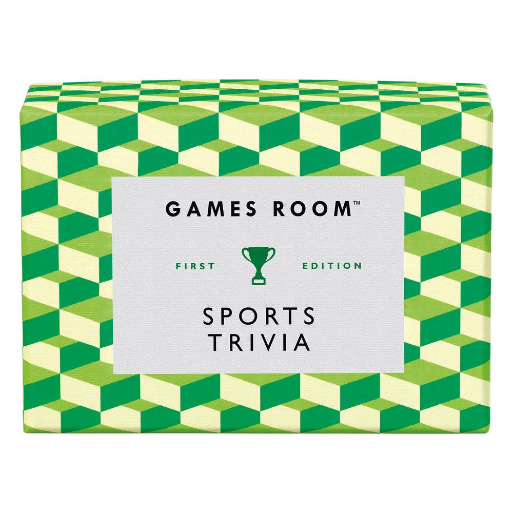 Green and white geometric-patterned box of 'Games Room Sports Trivia' on a white background