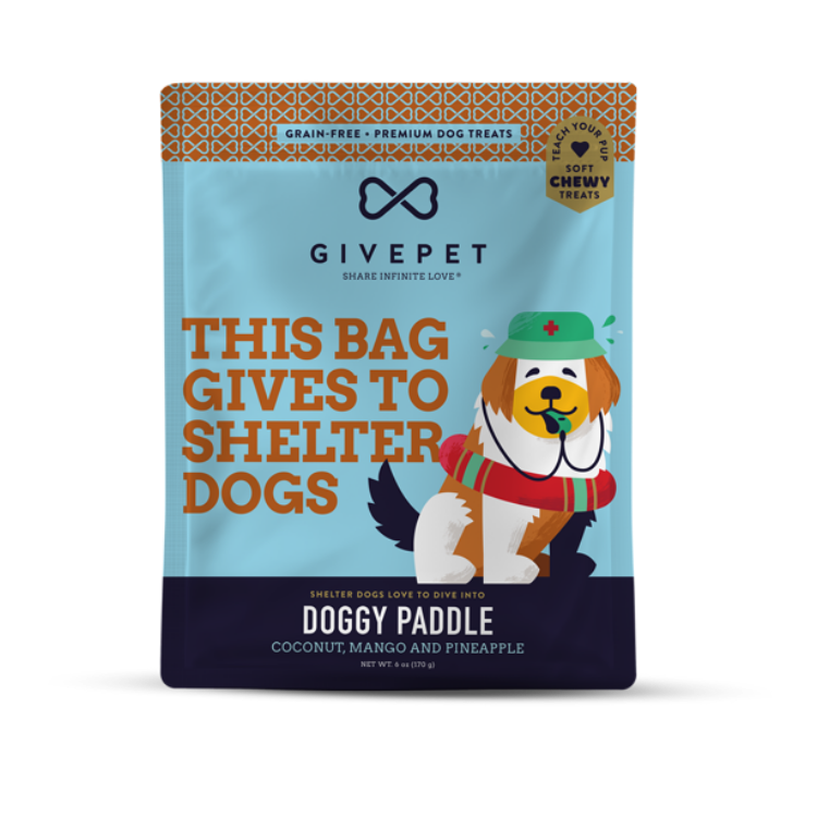 Dog treat package by GivePet with a cartoon dog and text on a white background