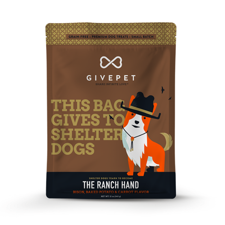 Dog food package with Givepet branding and a dog illustration on a white background