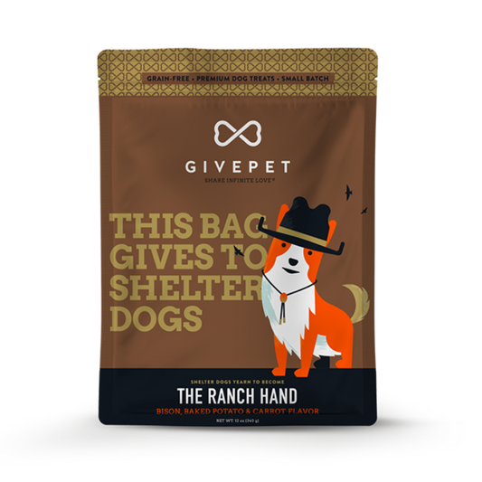 Dog food package with Givepet branding and a dog illustration on a white background