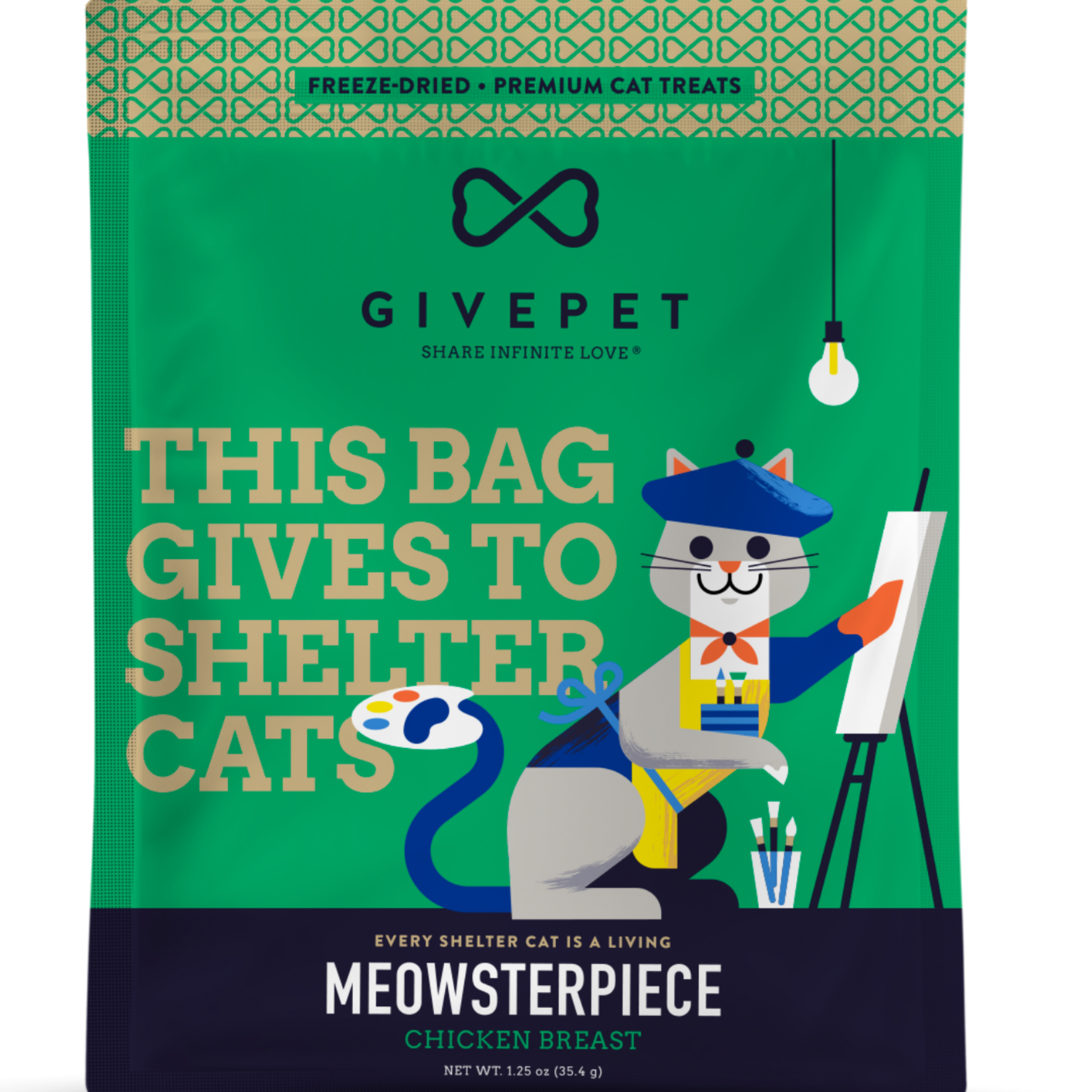 Green pet food bag with cartoon cat and text 'This bag gives to shelter cats' by Givepet on a white background