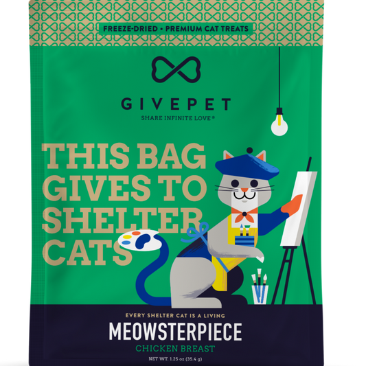 Green pet food bag with cartoon cat and text 'This bag gives to shelter cats' by Givepet on a white background
