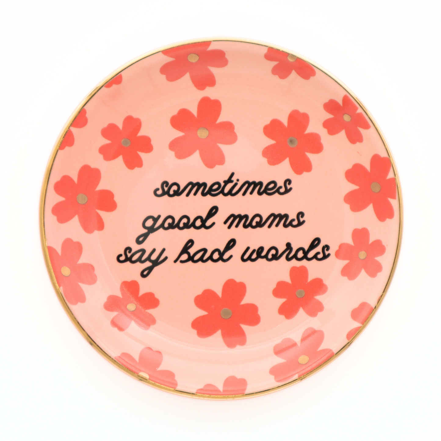 Round decorative plate with floral design and text on a white background